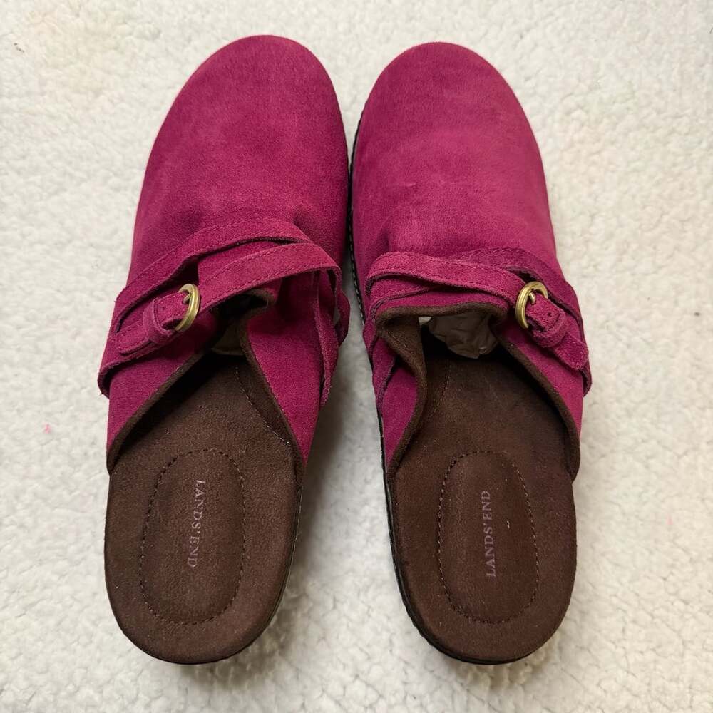 Lands' End Suede Clogs Buckle Berry Pink Wedge Shoes